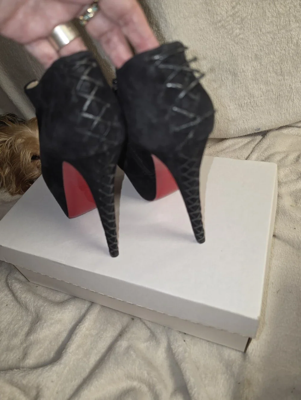 Christian Louboutin Recouzetta 160 Peep Black Suede Ankle Boots - Size 38